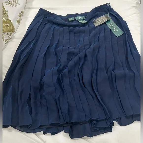 Lauren Ralph Lauren Navy Silk Pleated Skirt Size 16 NWT Romantic Cottagecore Y2K - Picture 5 of 8